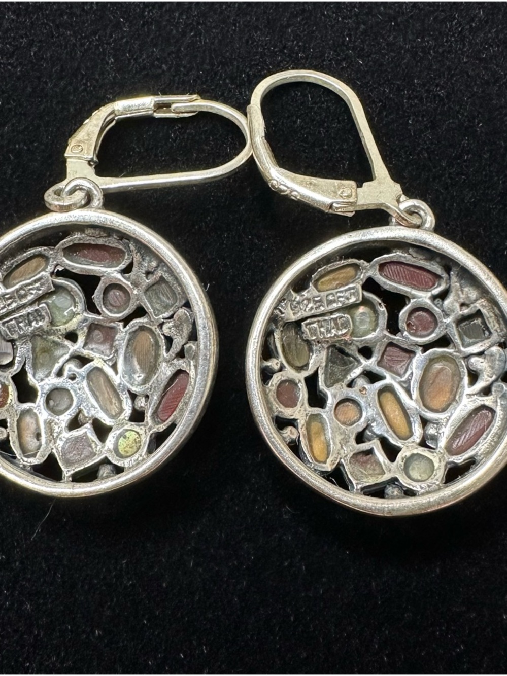 Vintage Sterling Silver 925 Thai Mosaic Stone Earrings Leverback - Picture 2 of 4